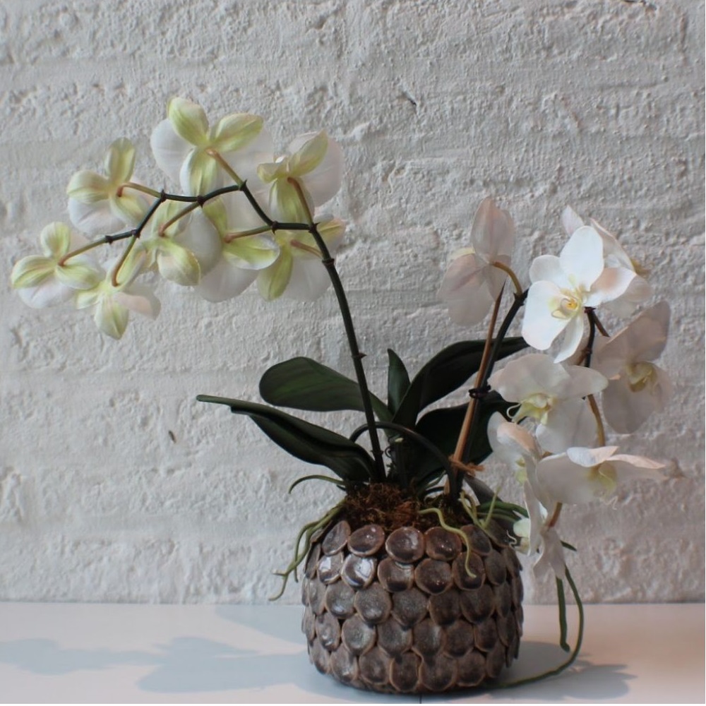 ARREGLO DE ORQUIDEAS BASE CERAMICA TEXTURIZADA COLOR CAFE